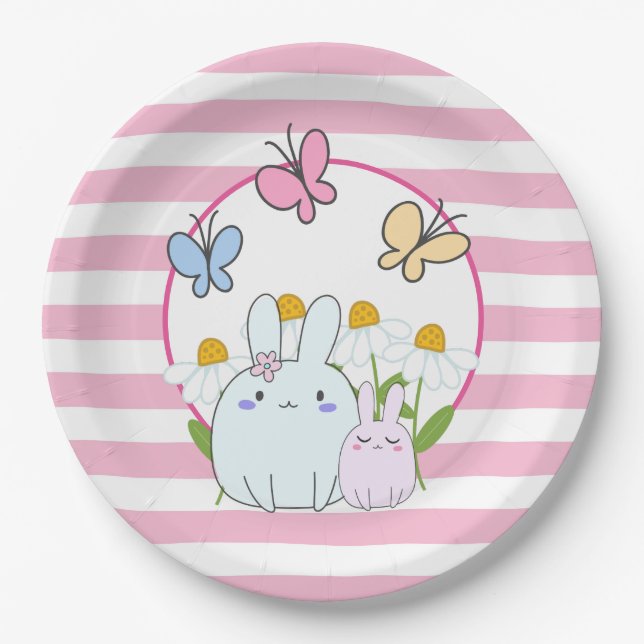 Niedliche Bunnies mit Frühlingsmessen und Schmette Pappteller (Vorderseite)