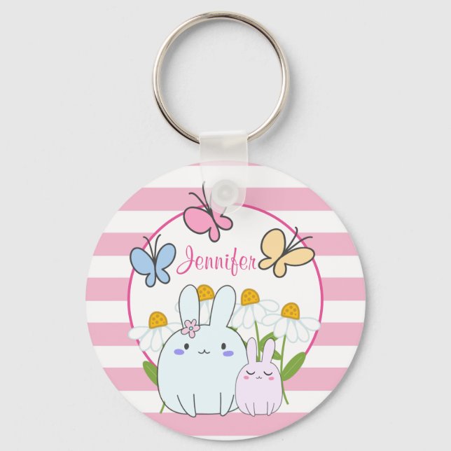 Niedliche Bunnies mit Frühlingsmessen und Schmette Schlüsselanhänger (Vorderseite)