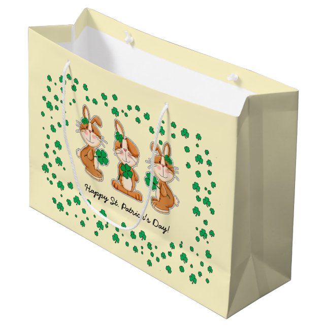 Niedliche Bunnies mit Kleeblättern St.Patrick's Da Große Geschenktüte (Vorderseite Schrägansicht)