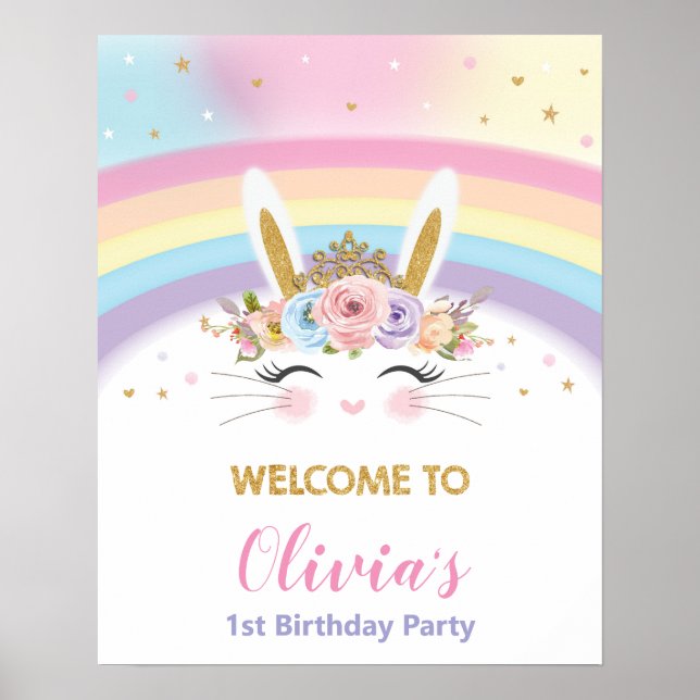 Niedliche Bunny 1. Geburtstag Rainbow Begrüßung De Poster (Vorne)