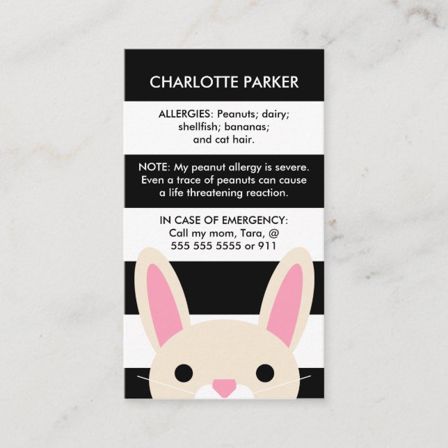 Niedliche Bunny Black Stripes Kinderallergische Ka Telefonnummerkarte (Vorderseite)