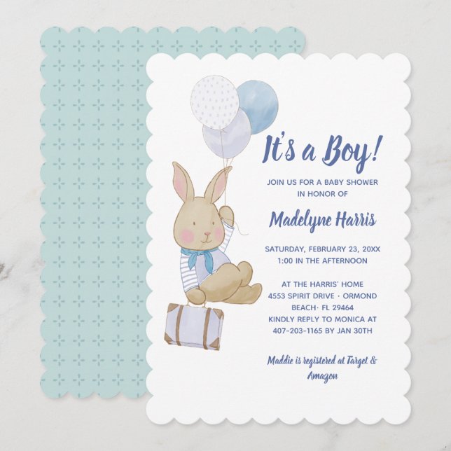 Niedliche Bunny Blue Balloons mit einer Baby-Dusch Einladung (Vorne/Hinten)