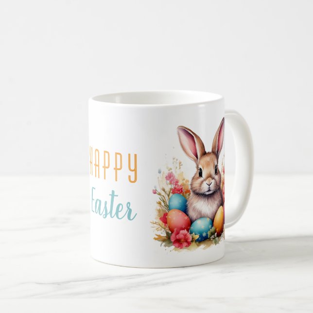 Niedliche Bunny Bunny Colorful Eggs Blume Frohe Os Kaffeetasse (VorderseiteRechts)