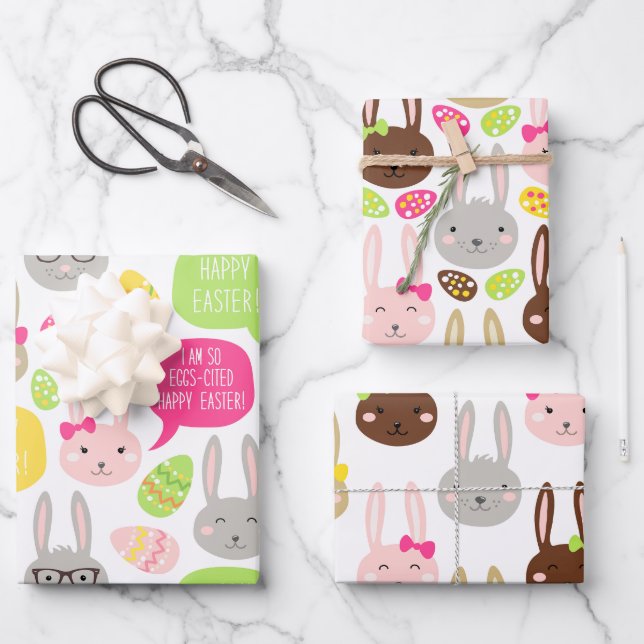 Niedliche Bunny Eggs Muster Frohes Ostern Geschenkpapier Set (Vorderseite)