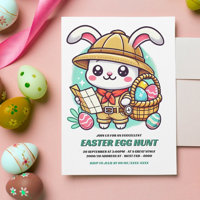 Niedliche Bunny Explorer Ostereier Jagd Einladung (Invite friends and family to an eggcellent Easter egg hunt with this adorable invitation!)