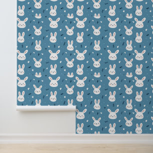 Niedliche Bunny Faces auf blauem Muster Tapete