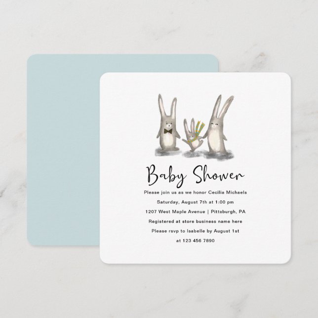 Niedliche Bunny Family Baby Dusche Einladung (Vorne/Hinten)