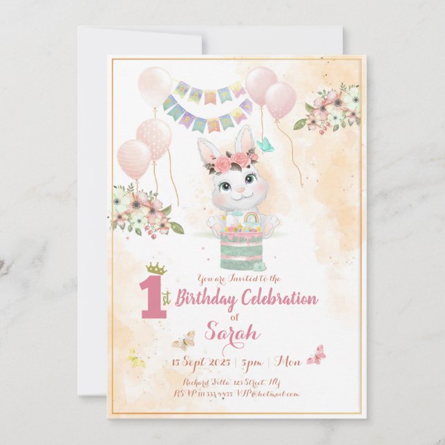 Niedliche Bunny First Birthday Einladungskarte (Vorderseite)