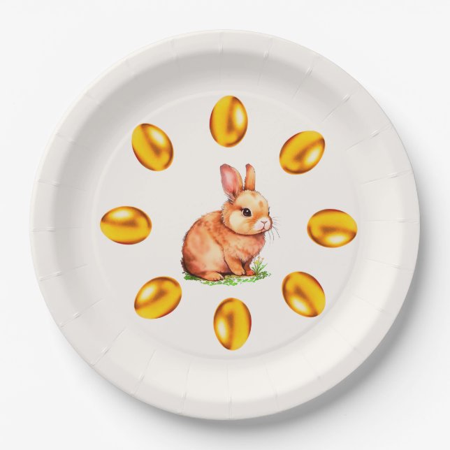Niedliche Bunny & Golden Ostereier auf Elfenbein Pappteller (Vorderseite)