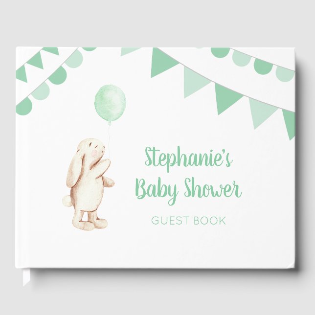 Niedliche Bunny & Green Balloon Wasserfarbe Babydu Gästebuch (Vorderseite)