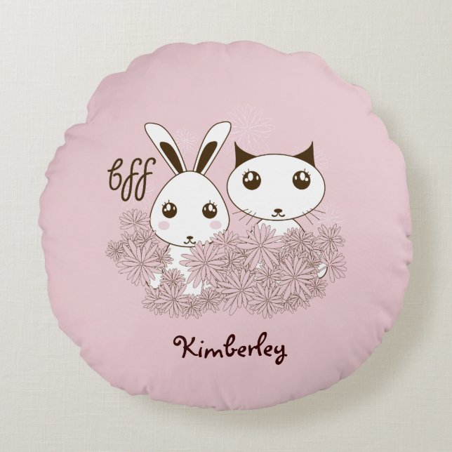 Niedliche Bunny Kitten Animal Friends Pink Girls K Rundes Kissen (Vorderseite)