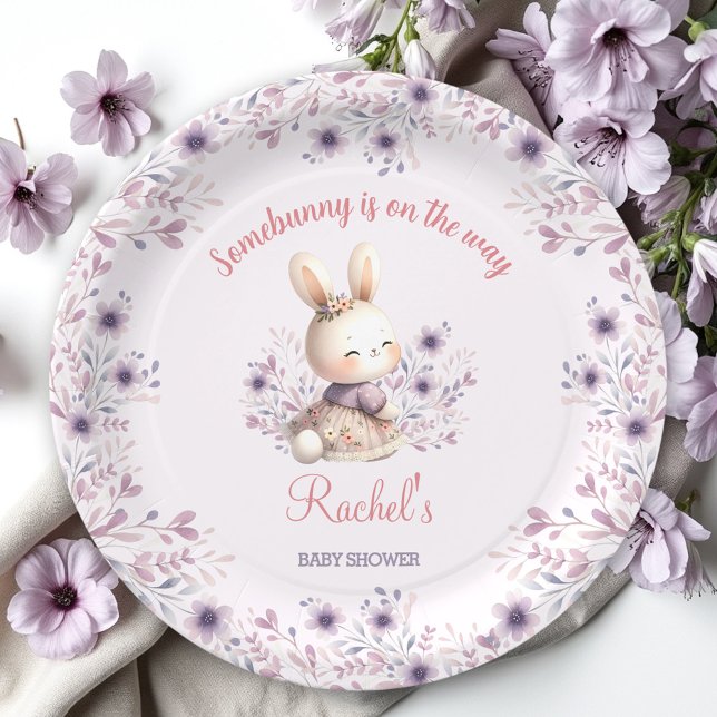 Niedliche Bunny Lila Spring Floral Girl Babydusche Pappteller (Cute Bunny Purple Spring Floral Girl Baby Shower Paper Plates)