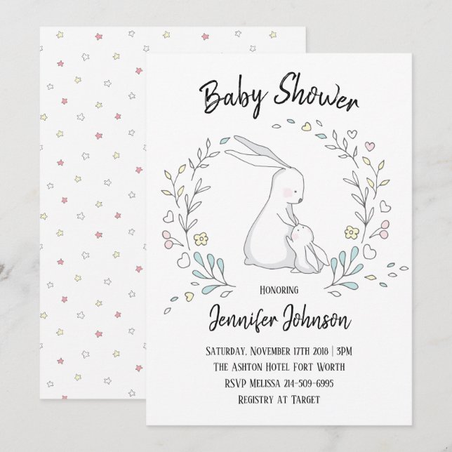 Niedliche Bunny Mama- und Baby-Dusche Einladung (Vorne/Hinten)