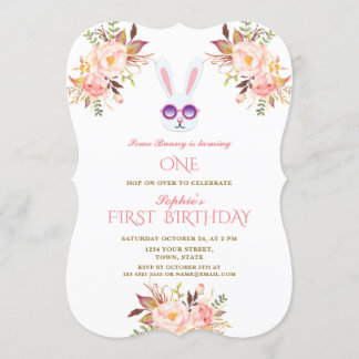 Niedliche Bunny Pink Blush Blume Girl 1. Geburtsta Einladung