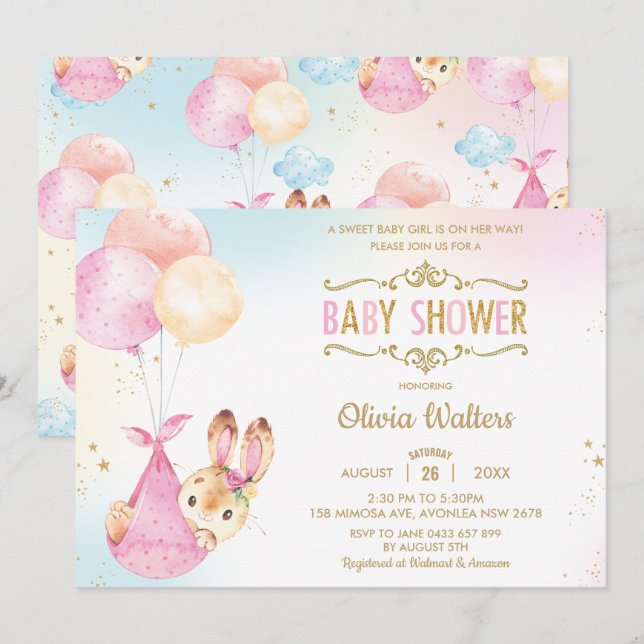 Niedliche Bunny Rabbit Balloons Baby Shower Girl Einladung (Vorne/Hinten)