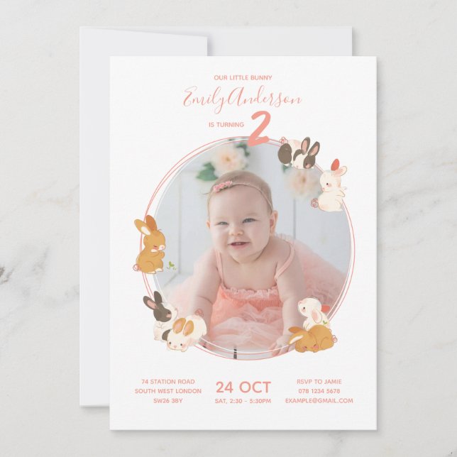 Niedliche Bunny Rabbit Birthday Baby Dusche Einlad Einladung (Vorderseite)