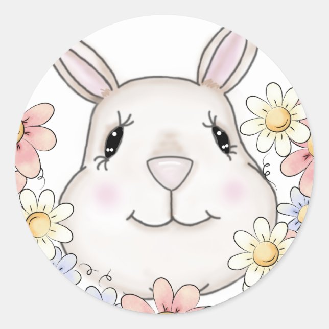 Niedliche Bunny Rabbit Blume & Schmetterlinge Runder Aufkleber (Vorderseite)