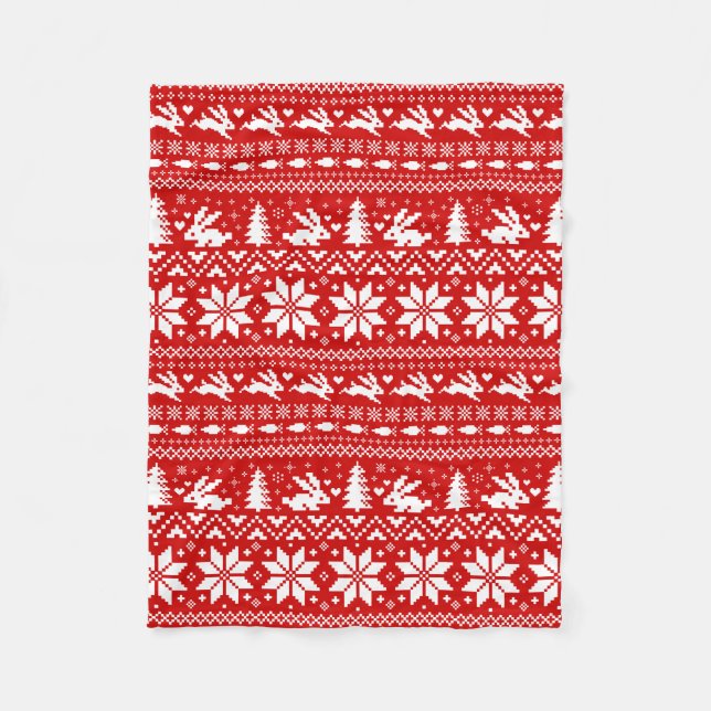 Niedliche Bunny Rabbits Red Christmas Holiday Patt Fleecedecke (Vorderseite)
