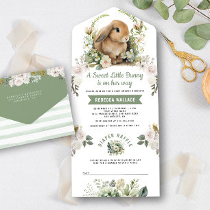 Niedliche Bunny Sage Green Floral Baby Dusche All In One Einladung