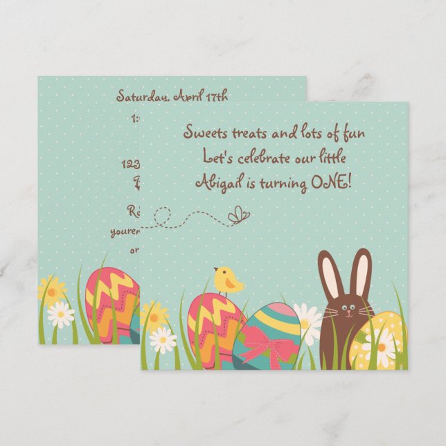 Niedliche Bunny und Ostereier 1. Geburtstag Einlad Einladung (Vorne/Hinten)