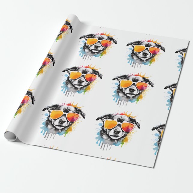 Niedliche bunt Welpe mit Sonnenbrille spritzen Geschenkpapier (Ungerollt)
