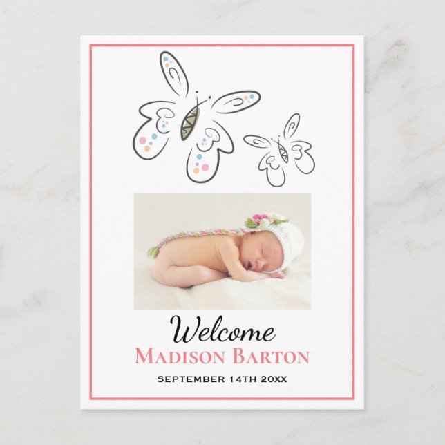 Niedliche Butterflies Baby Girl Foto Ankündigung Postkarte (Vorderseite)