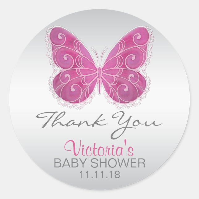 Niedliche Butterfly Pink Babydusche Aufkleber (Vorderseite)