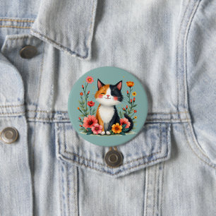 Niedliche Calico Katze mit Blumencotattacke Button