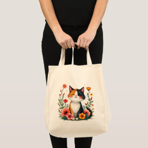 Niedliche Calico-Katze mit floraler Cotattacore-Äs Tragetasche
