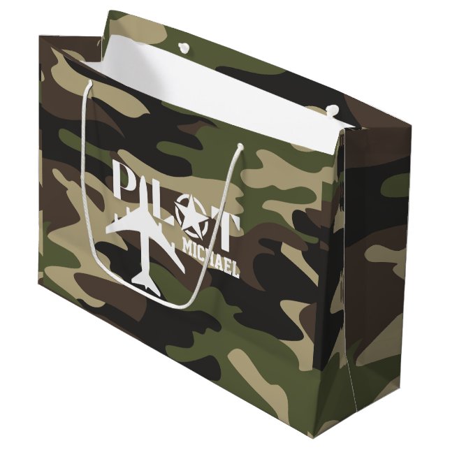 Niedliche Camouflage Pilot Typografie, personalisi Große Geschenktüte (Vorderseite Schrägansicht)