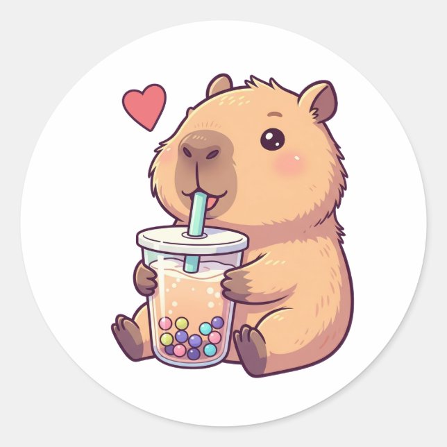 Niedliche Capybara Boba Tea Blase für Mädchen Runder Aufkleber (Vorderseite)