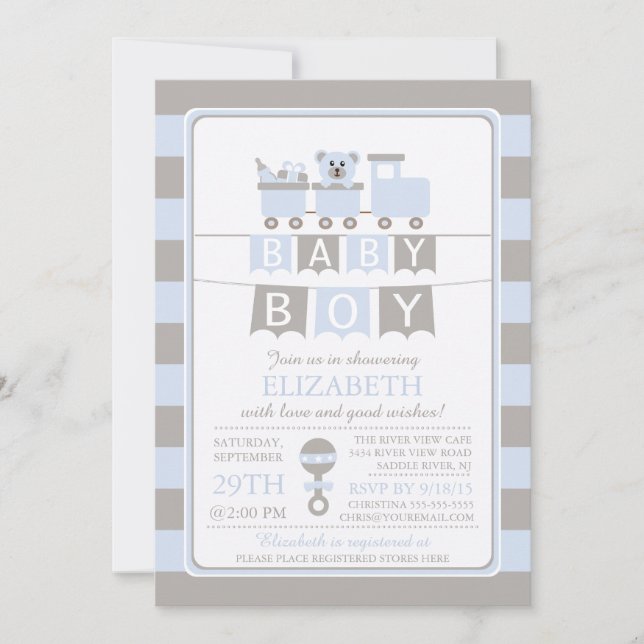 Niedliche Carriage Bear Boy Baby Shower Einladung (Vorderseite)