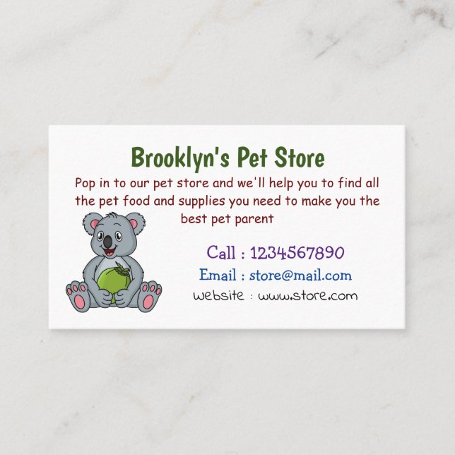 Niedliche Cartoon-Abbildung Koala und Kokosnuss Visitenkarte (Vorderseite)