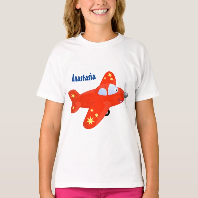 Niedliche Cartoon-Abbildung mit rotem Flugzeug T-Shirt (Vorderseite)