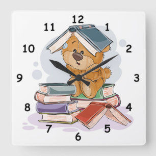 Niedliche Cartoon Bärenlesekbücher Quadratische Wanduhr