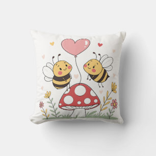 Niedliche Cartoon Bienen mit Herzballon auf Pilz Kissen