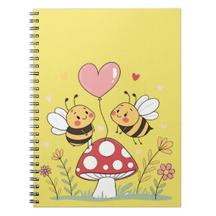 Niedliche Cartoon Bienen mit Herzballon auf Pilz Notizblock