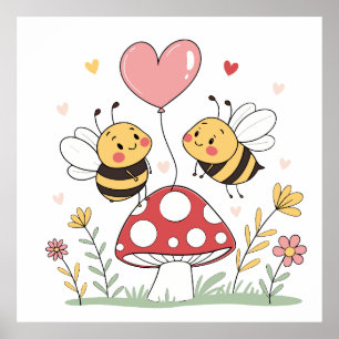 Niedliche Cartoon Bienen mit Herzballon auf Pilz Poster