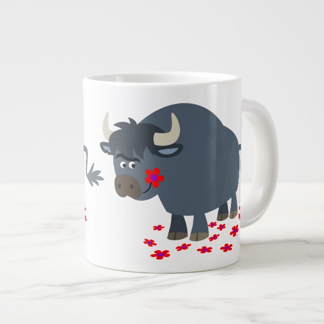 Niedliche Cartoon Bull und Red Bloom Jumbo Tasse (Vorderseite Rechts)