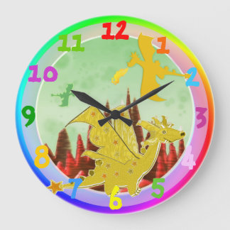 Niedliche Cartoon-Drache-Regenbogen-Farben Große Wanduhr