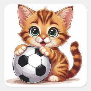 Niedliche Cartoon-Katze mit Fußball Quadratischer Aufkleber