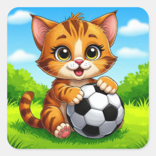 Niedliche Cartoon-Katze mit Fußball Quadratischer Aufkleber