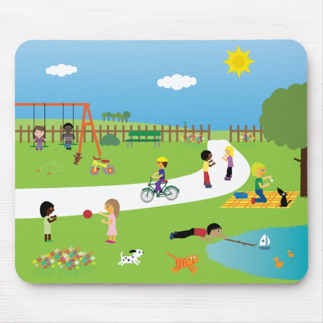 Niedliche Cartoon-Kinder u. Haustiere, die im Park Mousepad (Vorne)