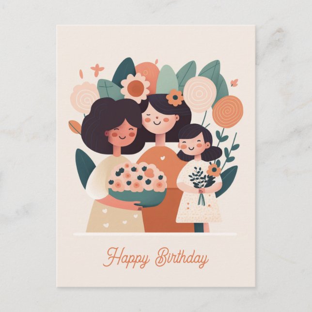 Niedliche Cartoon Mutter Mädchen. Happy Birthday Postkarte (Vorderseite)