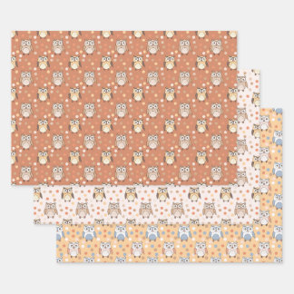 Niedliche Cartoon Owls und Punkte Pastellmuster Geschenkpapier Set