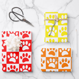Niedliche Cartoon-Paw-Drucke Checkerboard-Bright-F Geschenkpapier Set