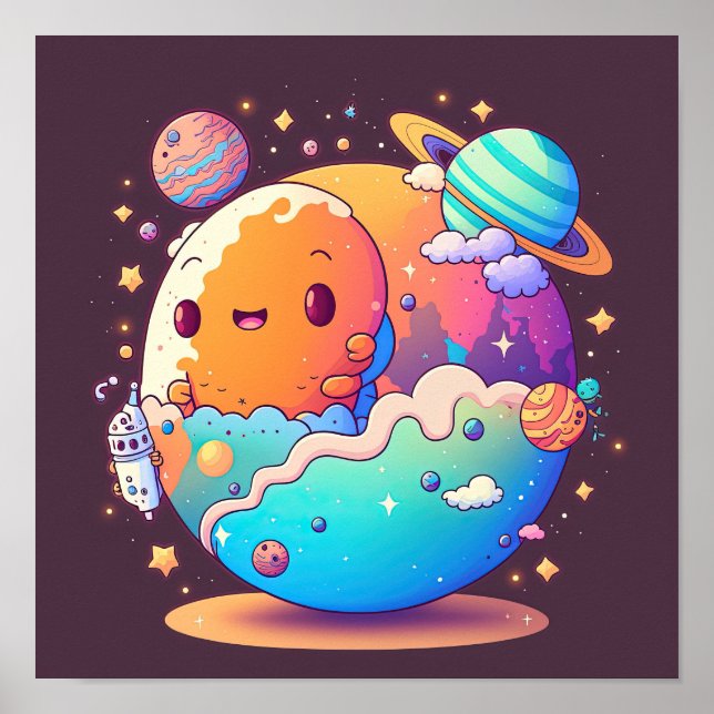 Niedliche Cartoon-Planeten im Weltraum. Poster (Vorne)