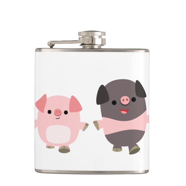 Niedliche Cartoon Schweine auf wandernden Hüftflas Flachmann (Vorderseite)
