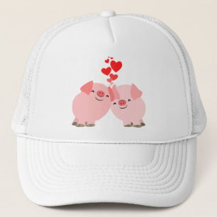 Niedliche Cartoon-Schweine im Liebe-Hut Truckerkappe