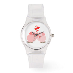 Niedliche Cartoon-Schweine in der Liebe-Uhr Armbanduhr